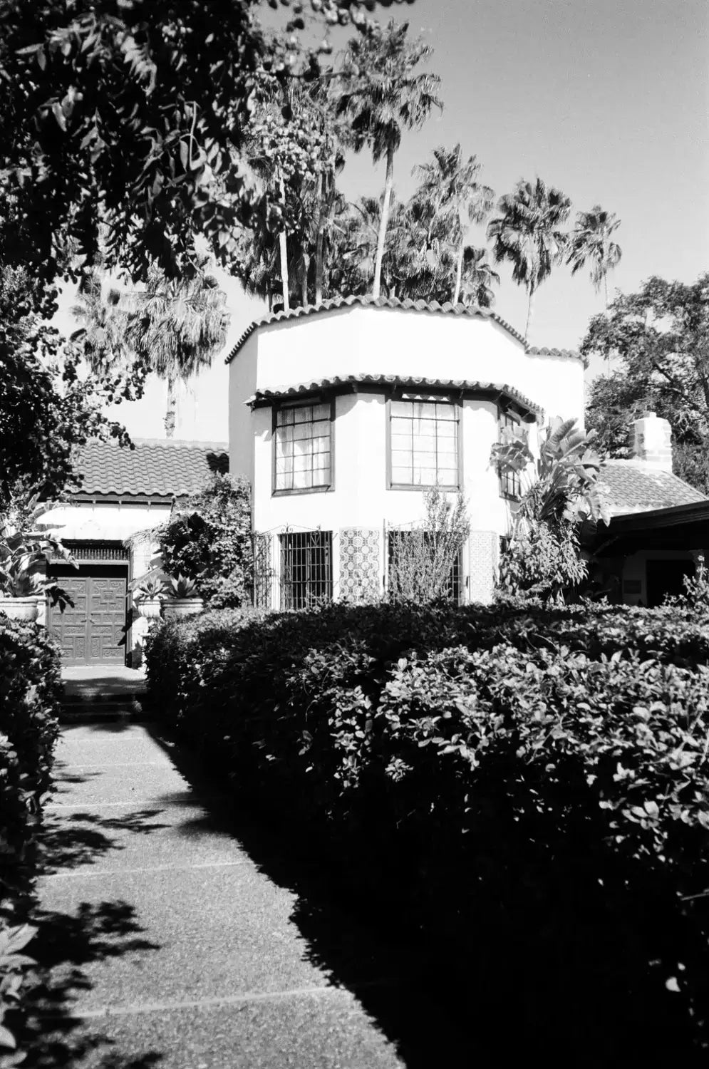 White stucco house with tiled roof and palms, shot on Catlabs x film Kodak Tri-X