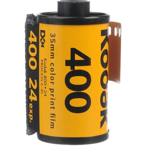Yellow Kodak 400 film canister with black label and brown tab, view fullsize
