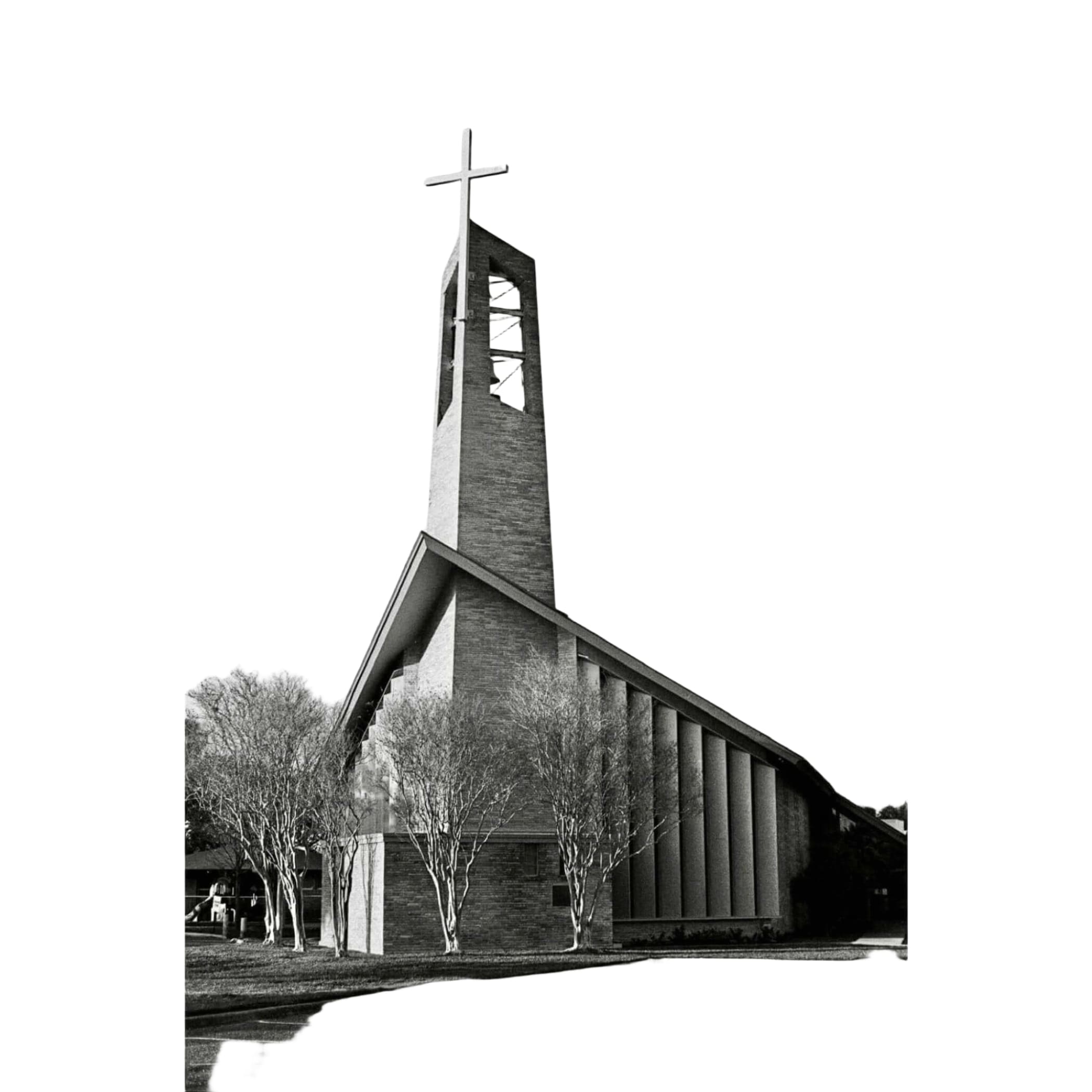 Modern brick church with a tall, angular bell tower topped by a cross.