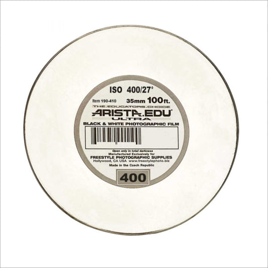 Arista 400 ISO Black & White 35mm 100' bulk photographic film roll, ideal for educators and photography enthusiasts.