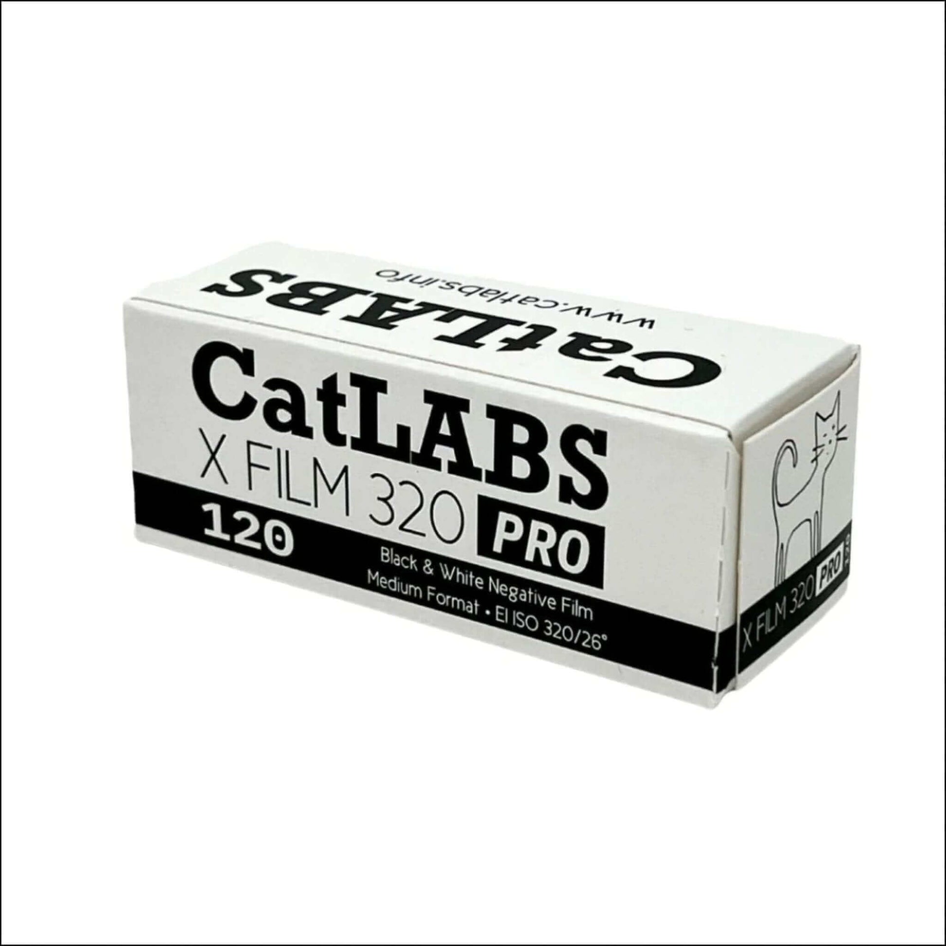 CatLABS X FILM 320 Pro 120 medium format black and white film packaging.