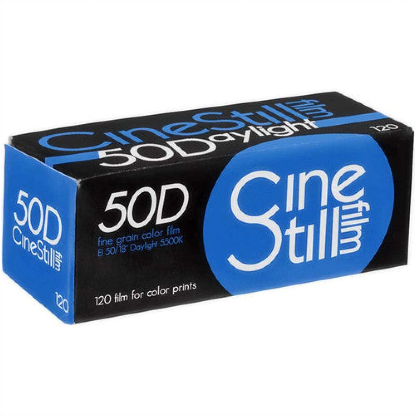 Cinestill 50D Color 120 Film box featuring fine grain, ISO 50, daylight balanced, ideal for bright light photography.