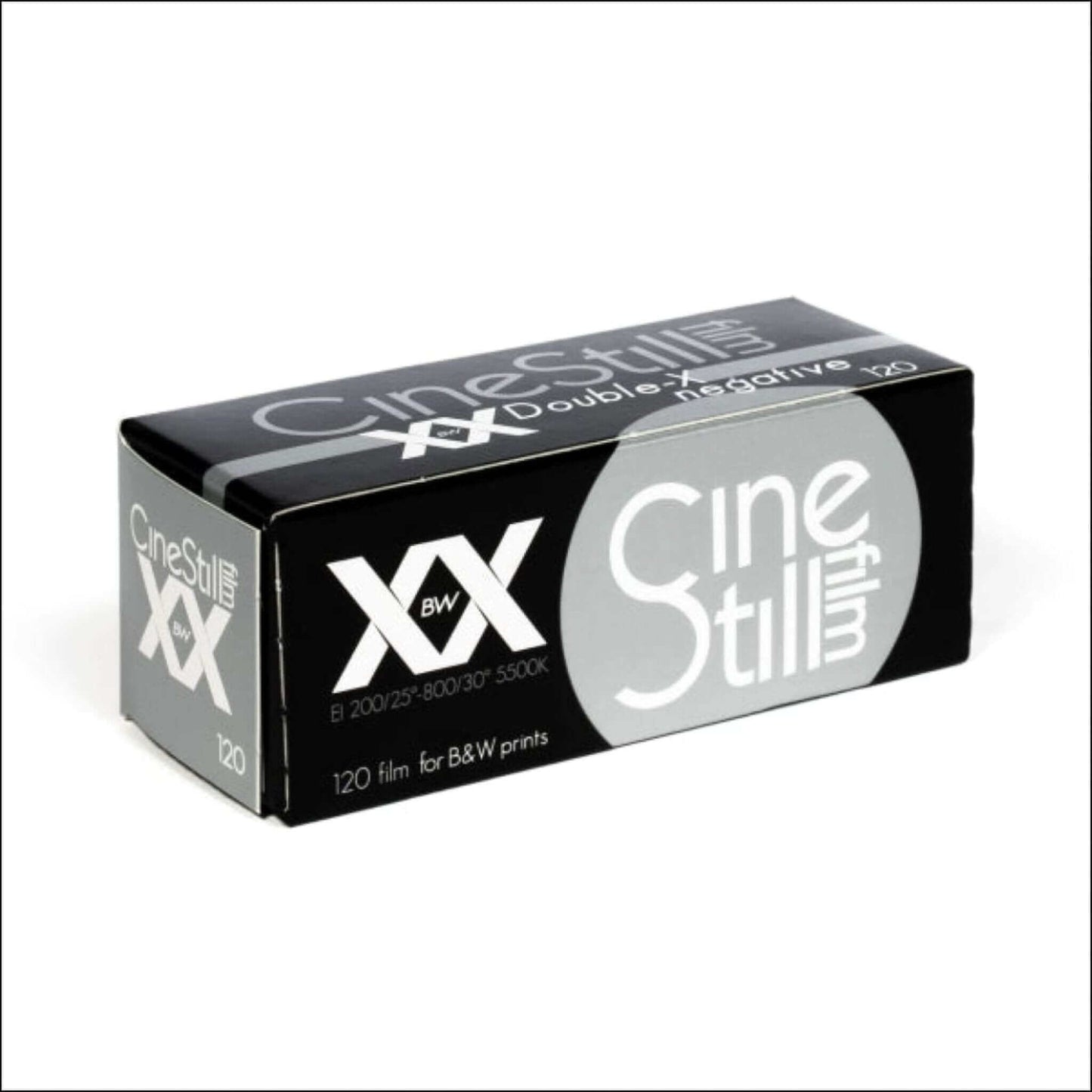 CineStill BwXX 120 black and white film box for negative photography, sensitivity 250 daylight, ideal for versatile exposure.