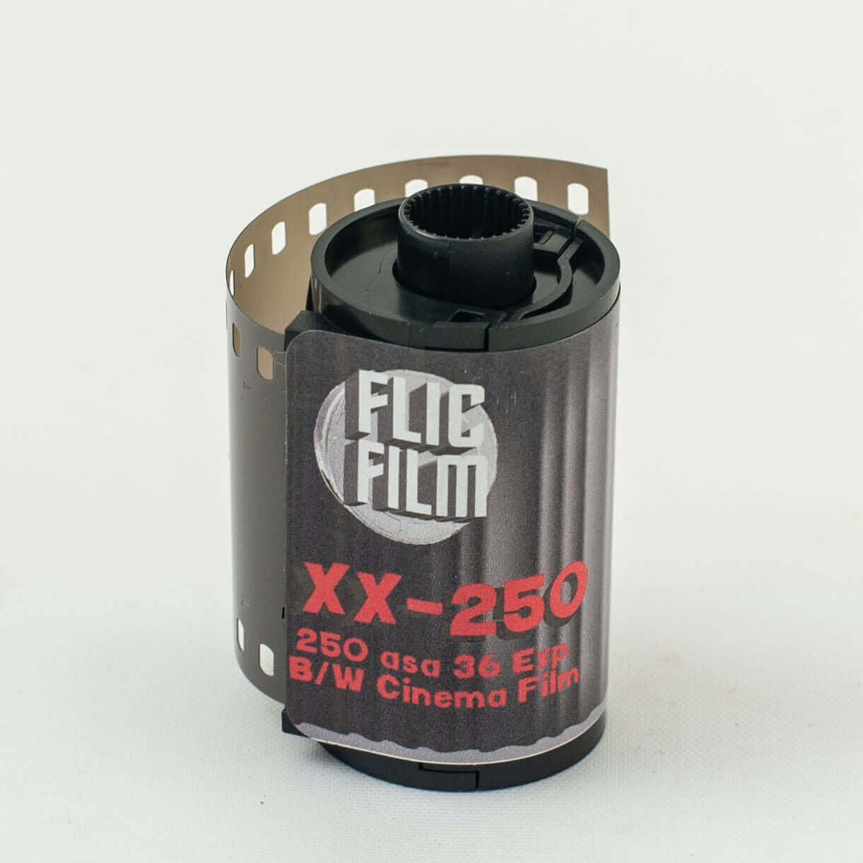 Flic Film XX-250 BW 35mm negative film canister, 36 exposures for classic monochrome photography.