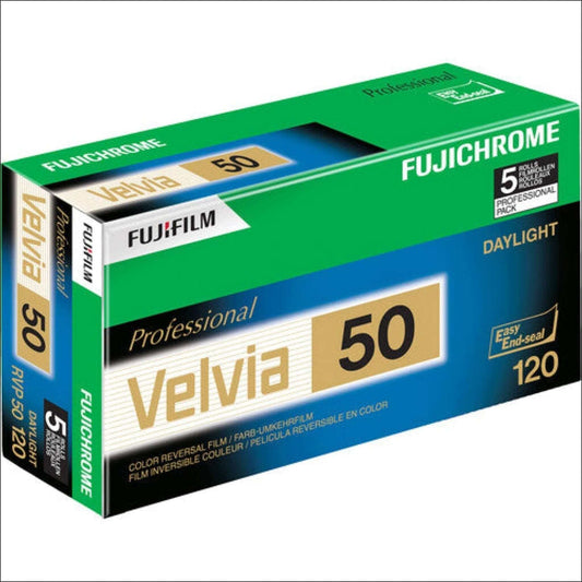 Fujifilm Fujichrome Velvia 50 ISO color reversal film, 5-pack for vibrant color photography, exp 07/2026.