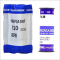 Fujifilm Fujichrome Provia 100F RDP III 120 color slide film roll package and canister, ISO 100, daylight-balanced.