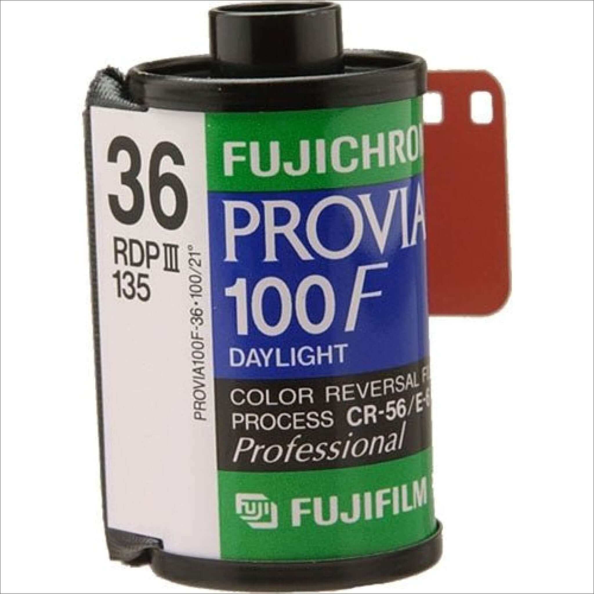 Fujifilm Fujichrome Provia 100F daylight color reversal film 35mm roll for professional use, ISO 100.