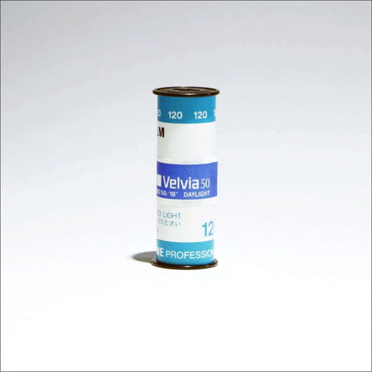 Fujifilm Velvia 50 ISO 120 color reversal film roll, featuring vibrant colors and high image quality for professional photography.