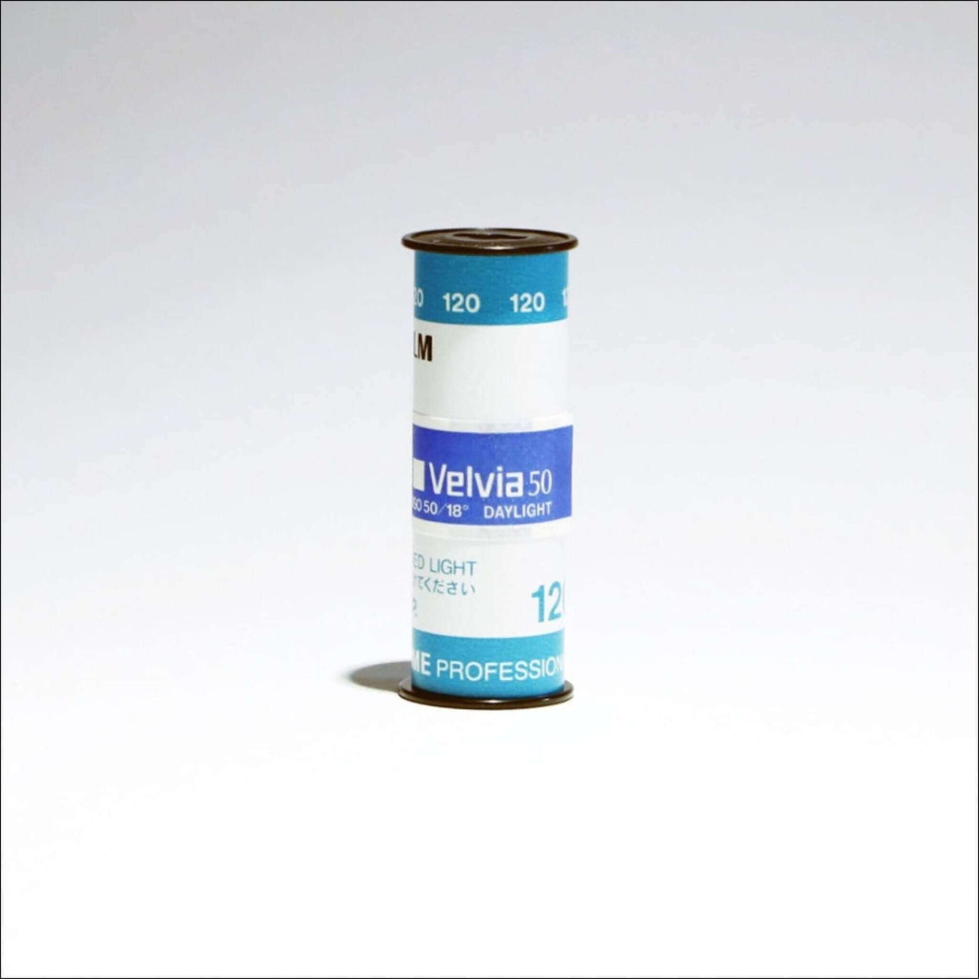 Fujifilm Velvia 50 ISO daylight color reversal film roll with vibrant color reproduction, ideal for professional photography.