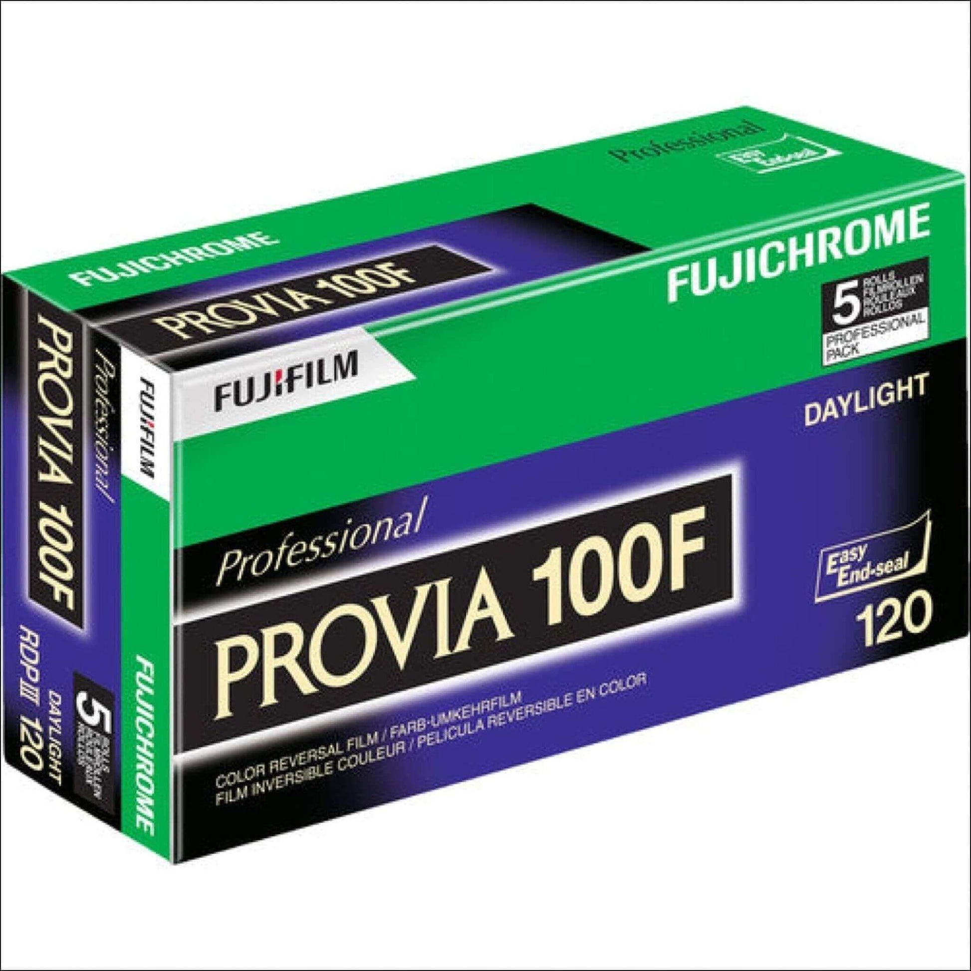 Fujifilm Fujichrome Provia 100F Color Slide Film 120 format, 5-pack with daylight balance, ISO 100.