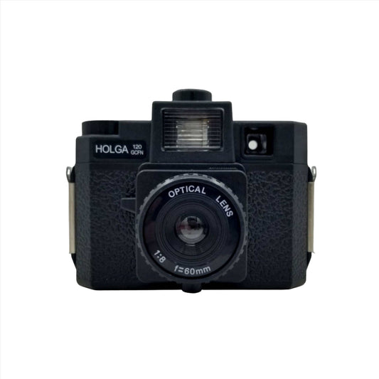 Holga 120GCfn medium format film camera with color flash, showcasing unique design and optical lens.