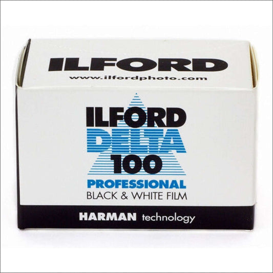 Ilford Delta 100 Professional black and white film box with Harman technology, 35mm, ISO 100, 36 exposures.