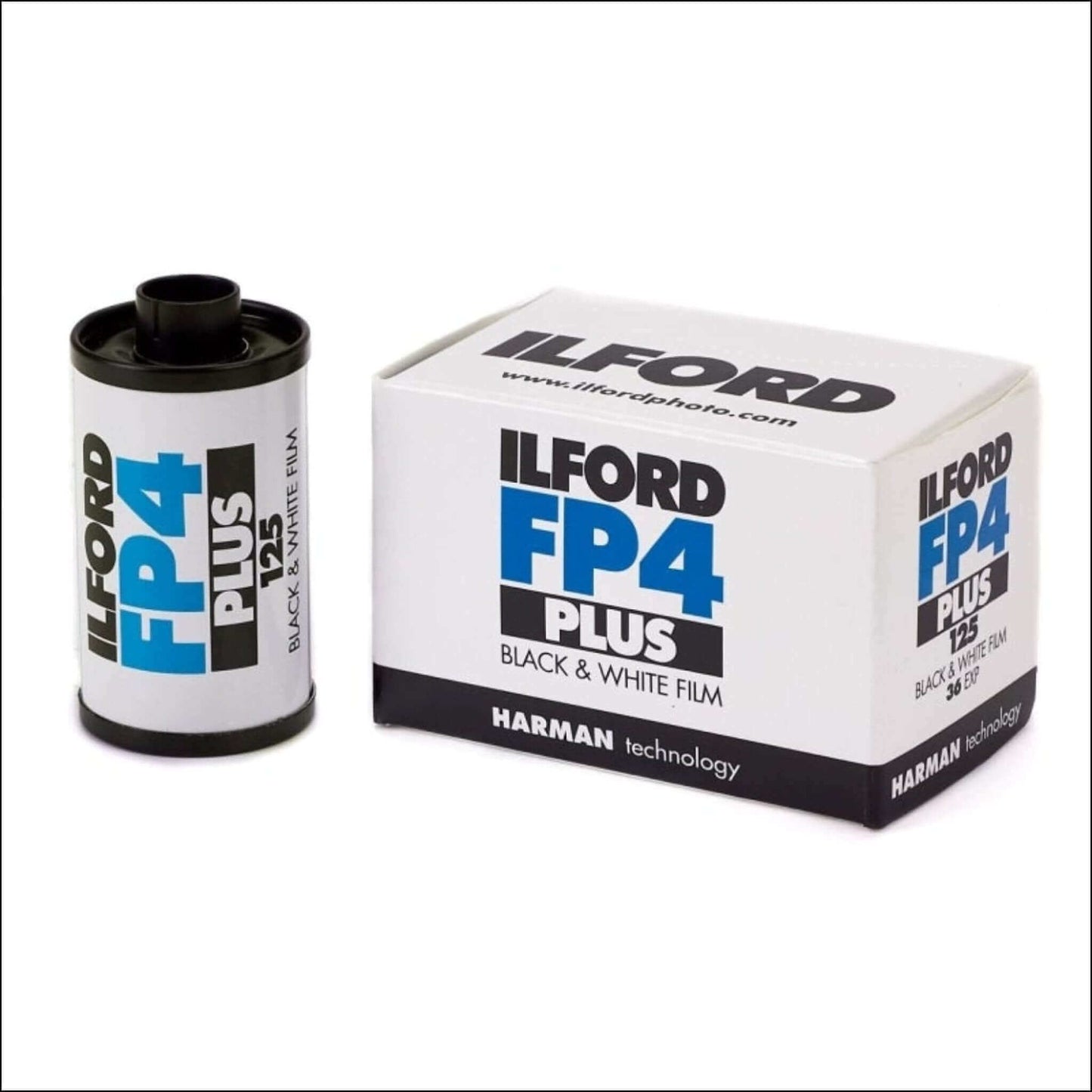 Ilford FP4 Plus 125 ISO Black and White 35mm film canister and box, ideal for fine detail photography.
