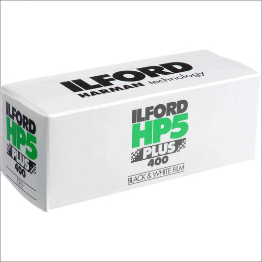Ilford HP5 Plus 400 ISO black and white 120 film box, ideal for action and general-purpose photography.