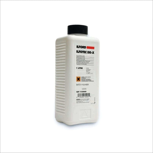 Ilford Ilfotec DD-X 1 Lt BW film developer bottle with label and batch number.