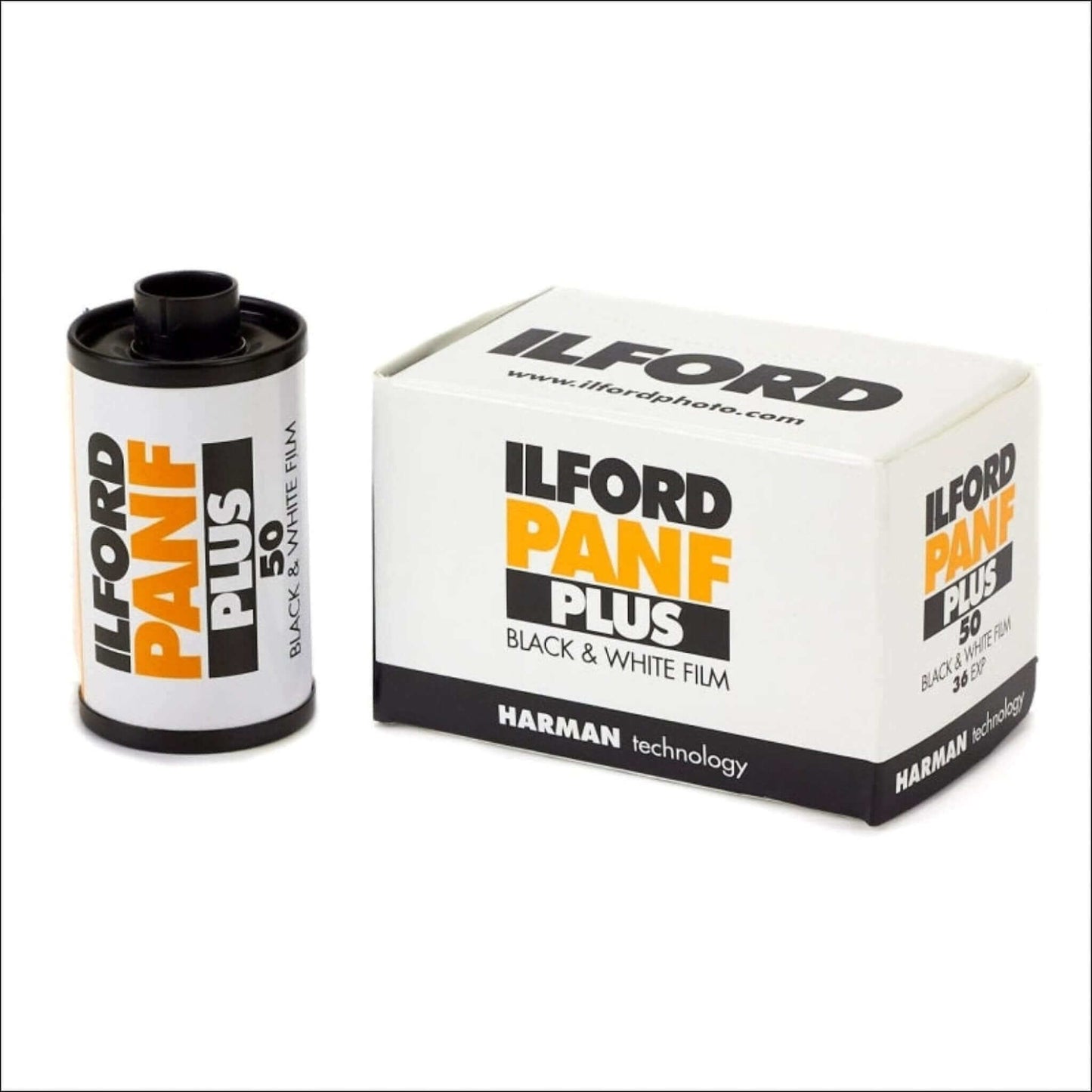 Ilford Pan F Plus 50 ISO black and white 35mm film canister and packaging, ideal for high-quality photography.