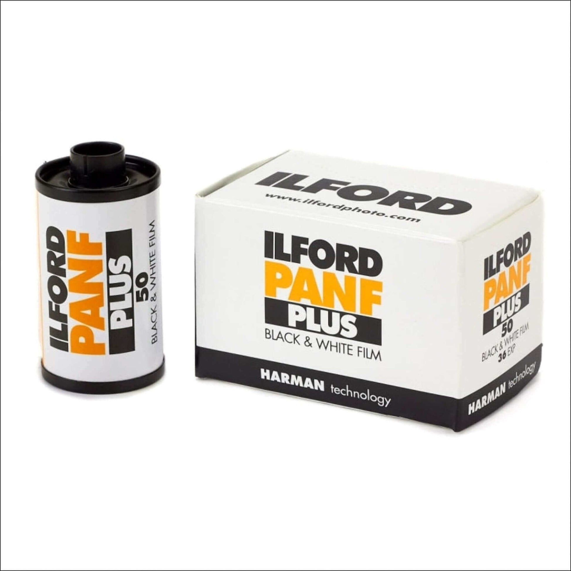 Ilford Pan F Plus 50 ISO black and white 35mm film canister and packaging, ideal for high-quality photography.