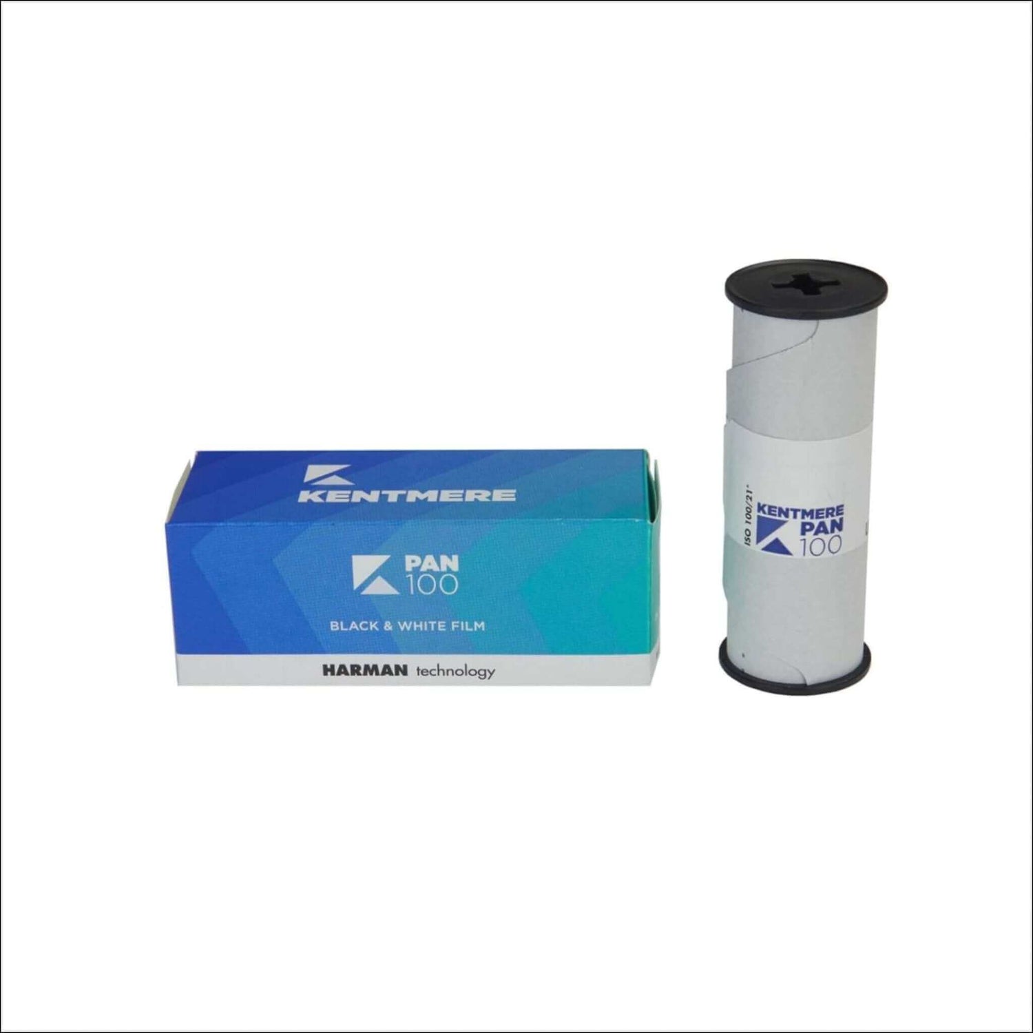 Kentmere Pan 100 Black & White 120 film roll and packaging, showcasing fine grain and high sharpness for photography.