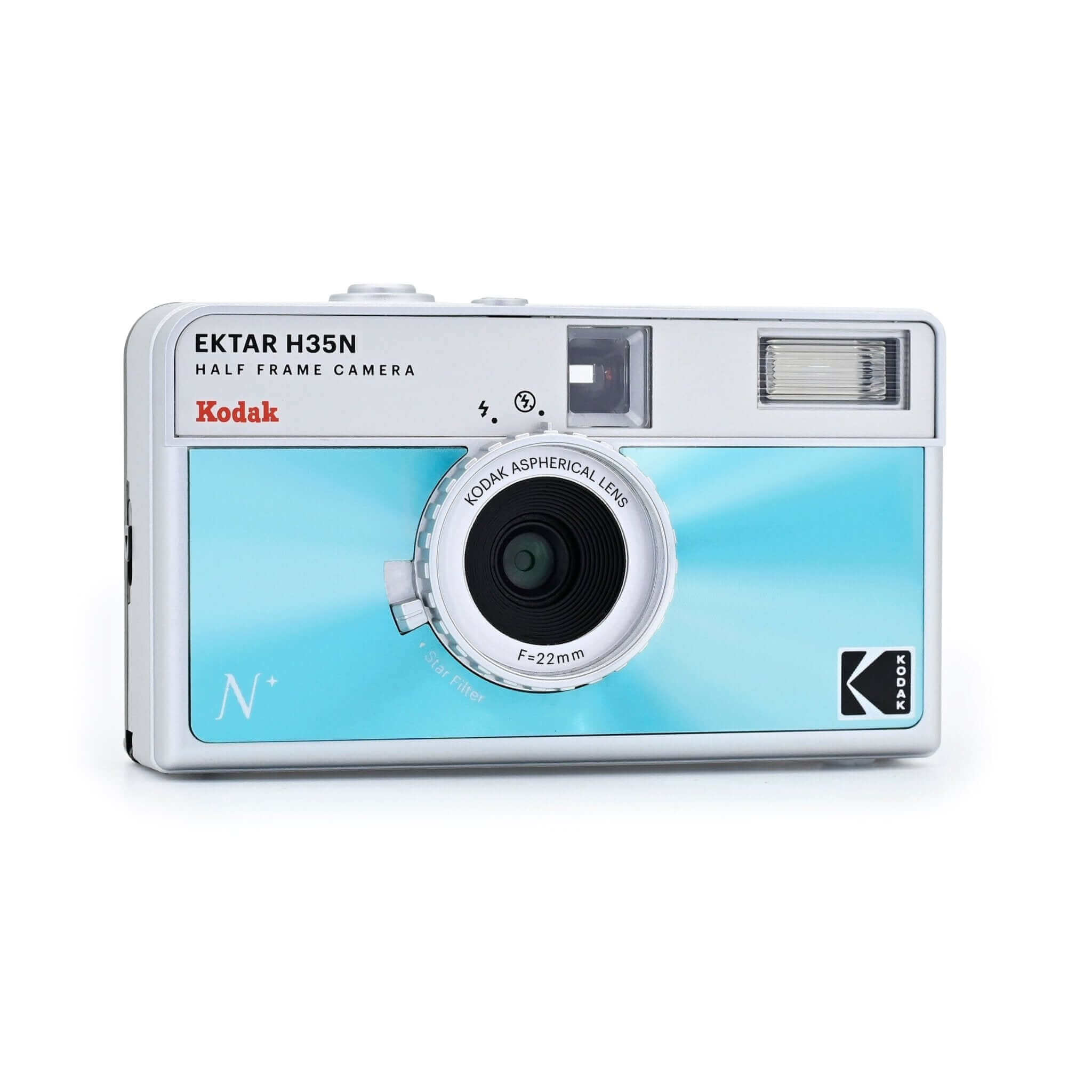 Kodak Ektar H35N Half-Frame 35mm film camera with blue design and built-in flash.