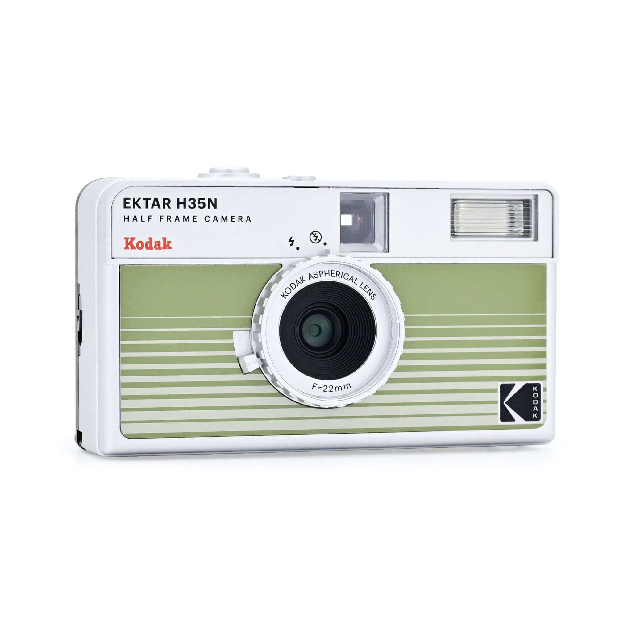 Kodak Ektar H35N Half-Frame 35mm Film Camera in white and green, designed for amateur and professional photography.