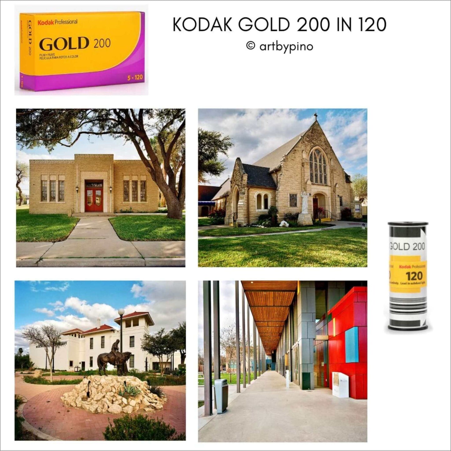 Kodak Gold 200 ISO 120 film pack with vibrant images showcasing various landscapes and buildings.