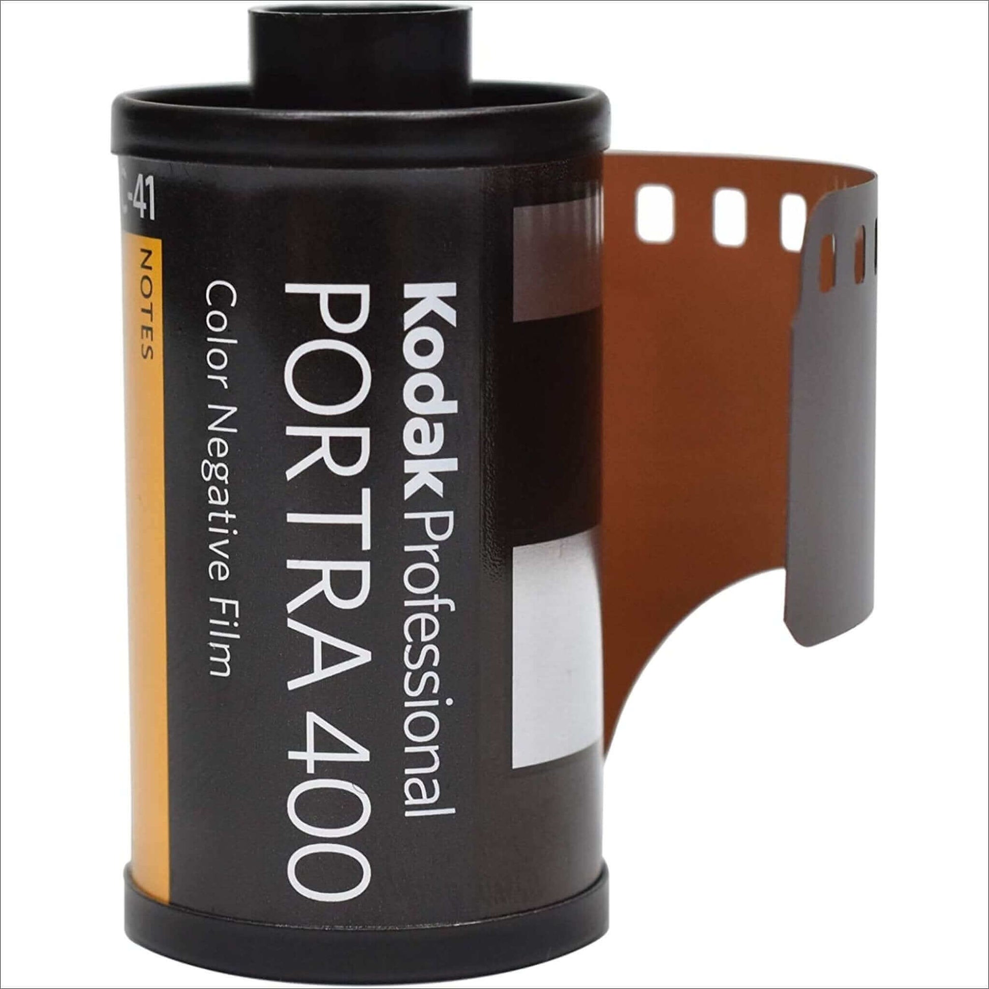 Kodak Portra 400 color negative film in plastic container, 35mm, 36 exposures, ideal for vibrant skin tones and color saturation.