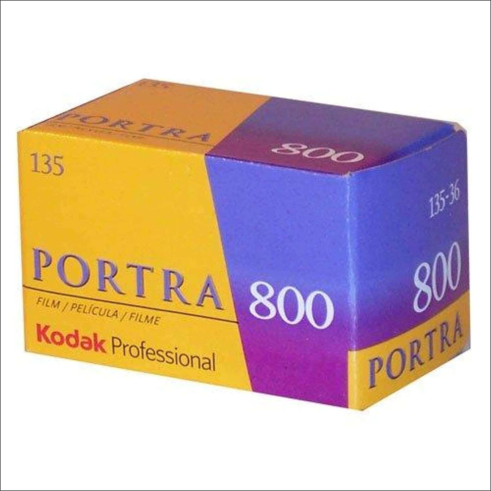 Kodak Portra 800 ISO color film box, 35mm, 36 exposures, ideal for low light and fast action photography.