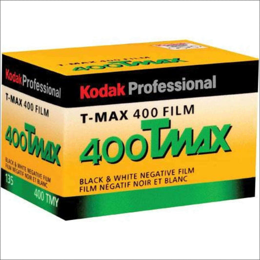 Kodak T-Max 400 ISO black and white 35mm film box, 36 exposures, professional quality.