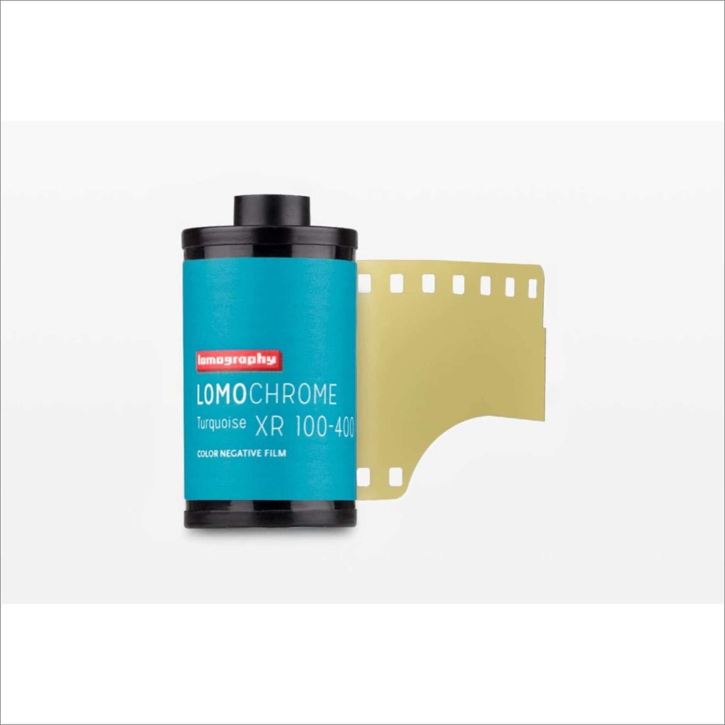 Lomography Turquoise 35mm color negative film canister with film strip, ISO 100-400 for vivid turquoise tones.