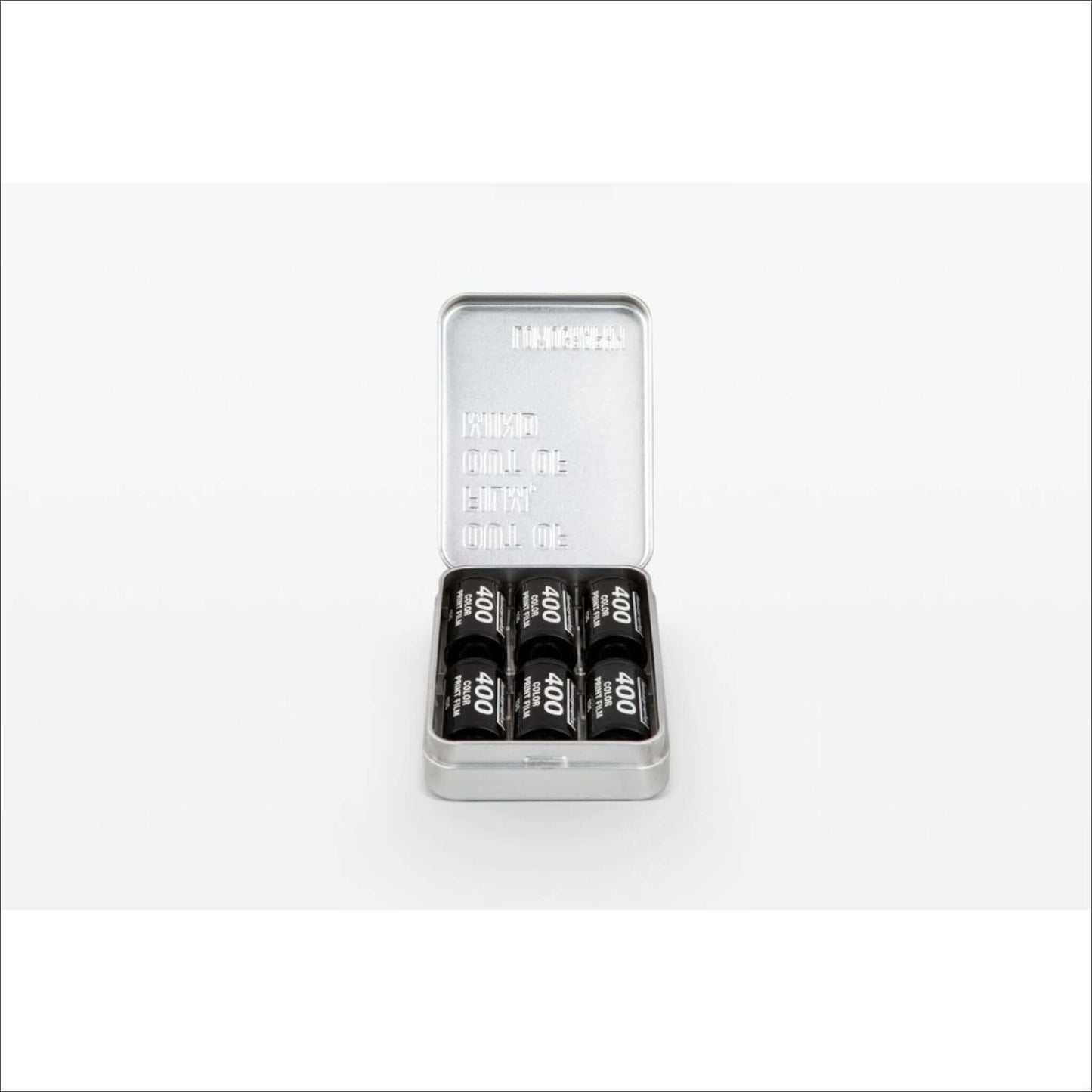 Lomography metal film case tin holding 35mm and 120 film rolls, ideal for photographers to keep films organized and protected.