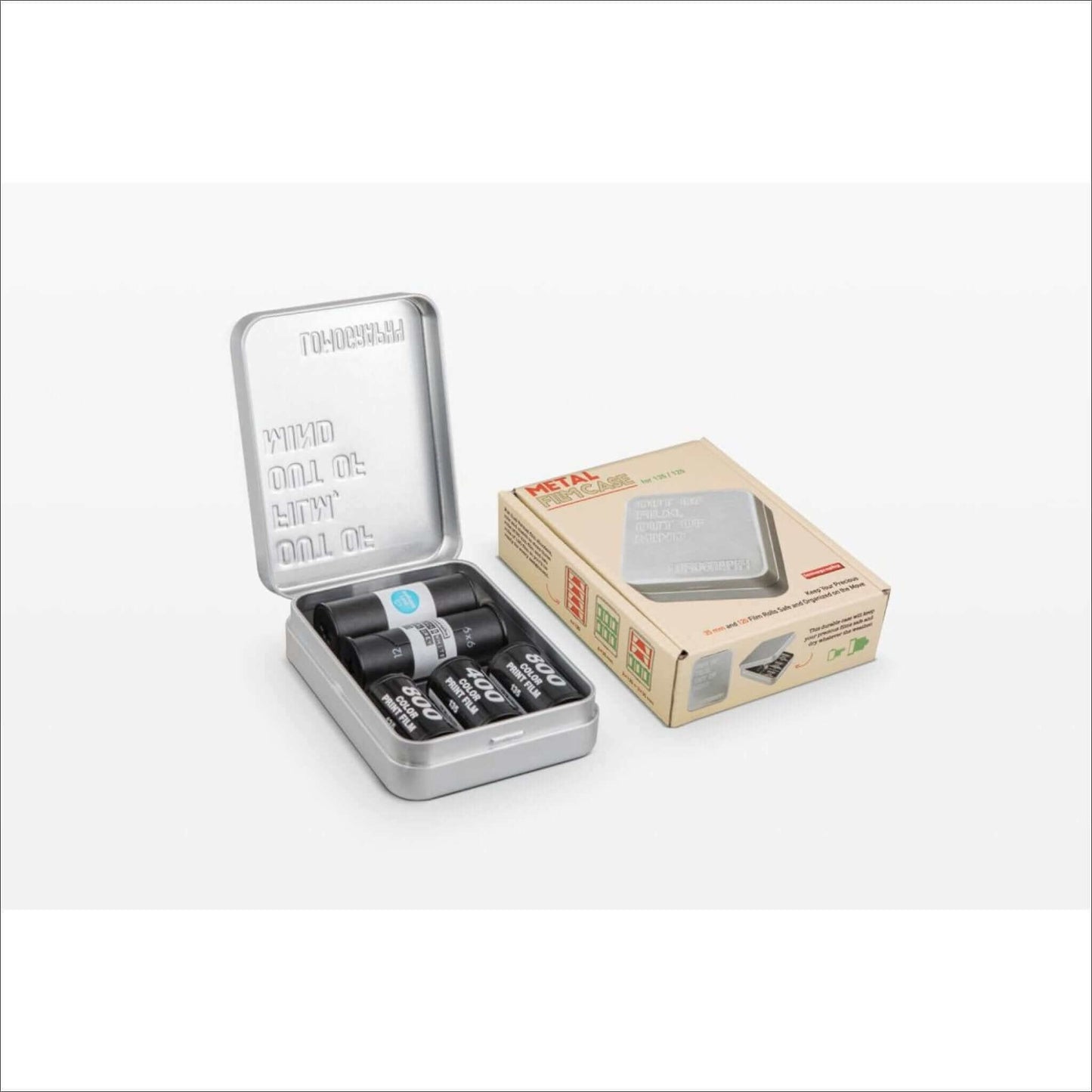 Lomography metal film case tin for 135/120 with films and packaging displayed