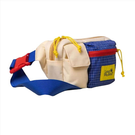 Long Weekend Monterey Sling Bag in Creme Multi with blue and yellow accents, perfect for cameras and phones.