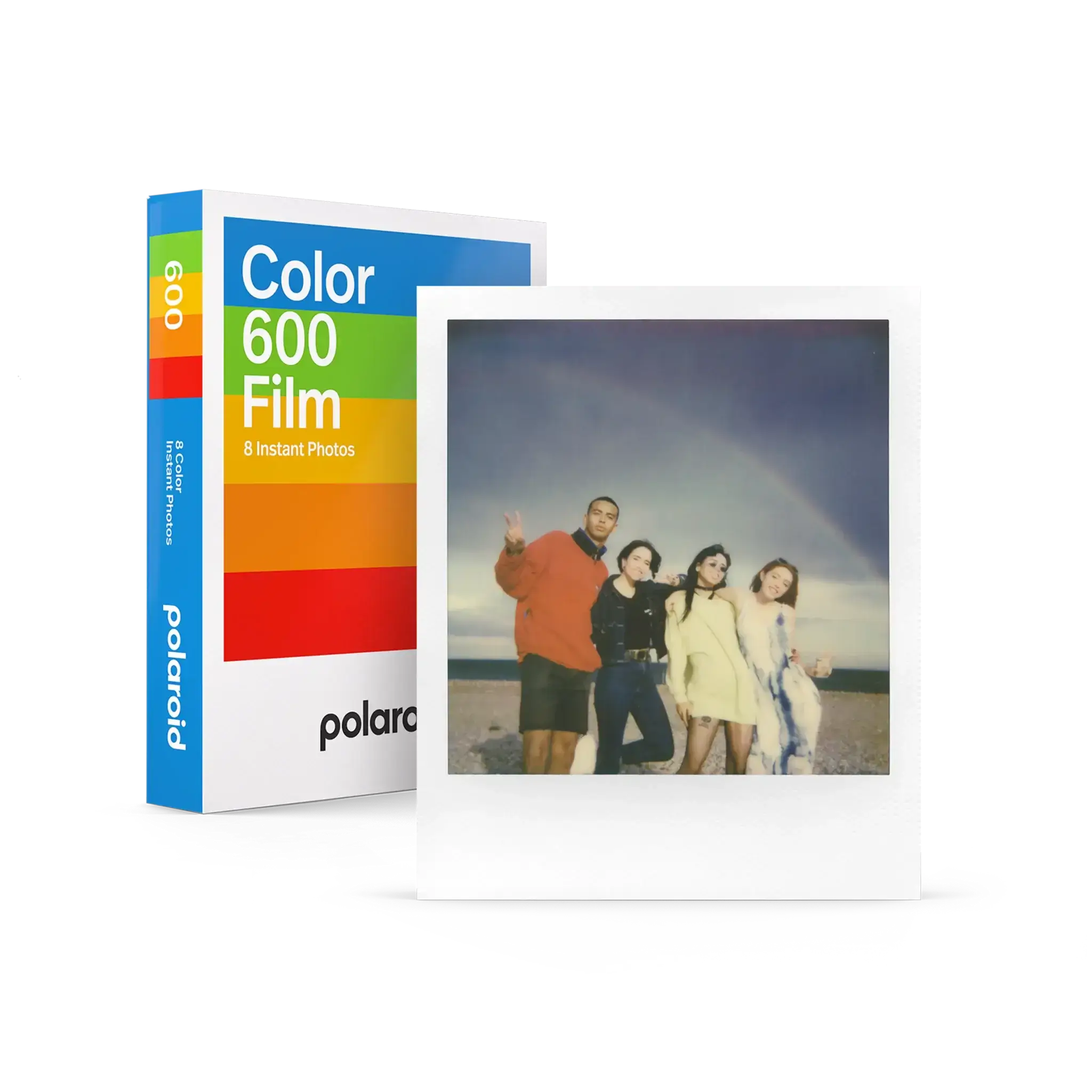 Polaroid Color 600 Film pack with instant photo, featuring 8 exposures and classic white frame design.