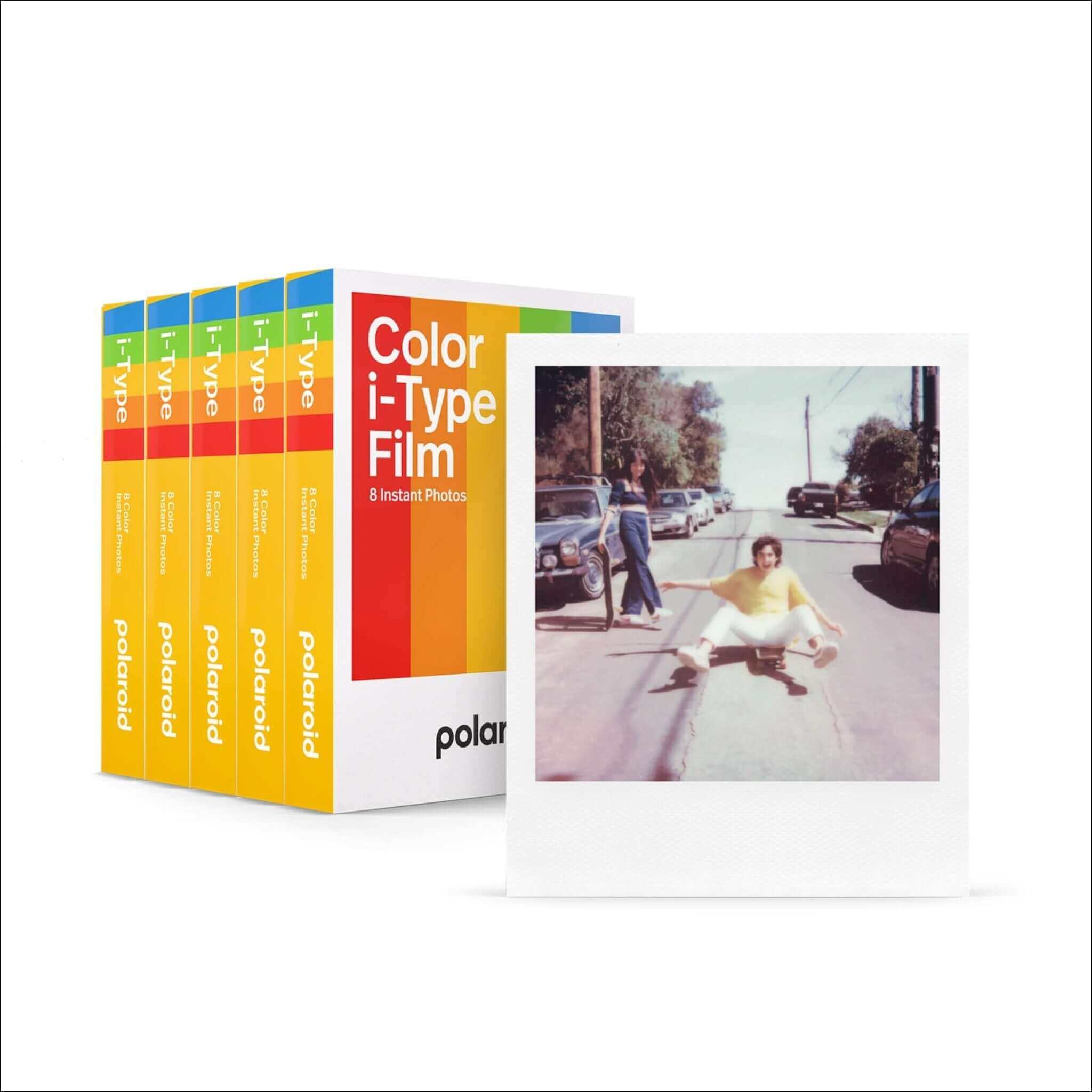 Polaroid Color i-Type instant film five pack with instant photo, ideal for modern cameras, vibrant colors, iconic white frame.