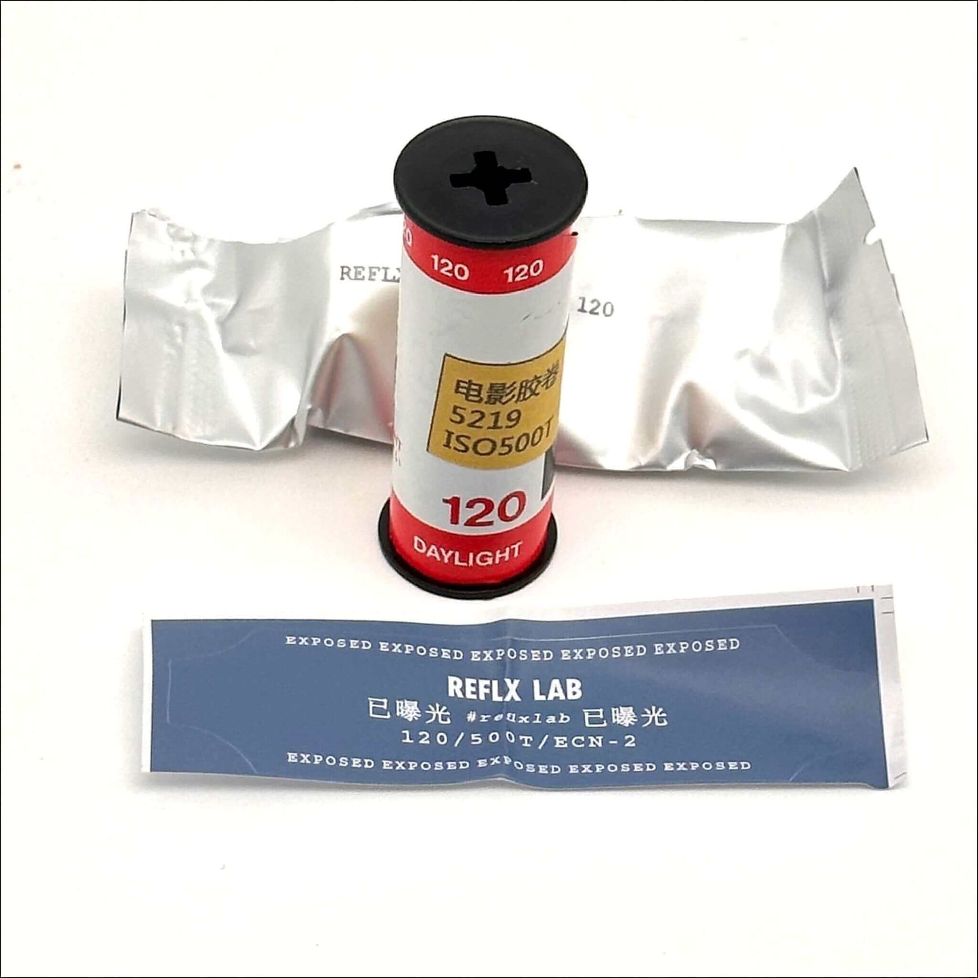 Reflx Lab 5219 500T 120 film canister, designed for medium format photography and optimal image quality.