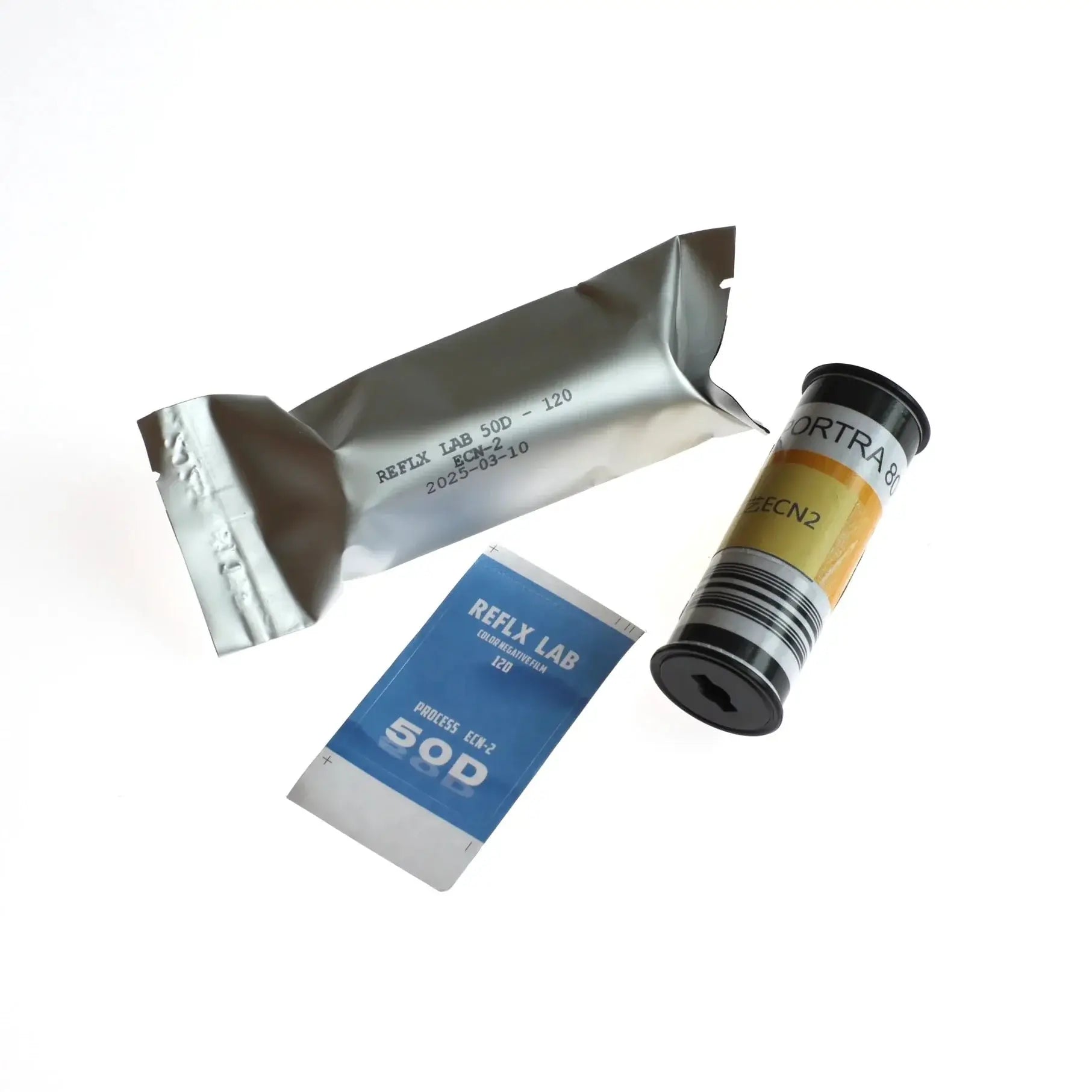 Reflx Lab Kodak Color Vision 3 50D film in 120 format, includes canister and processing instructions.
