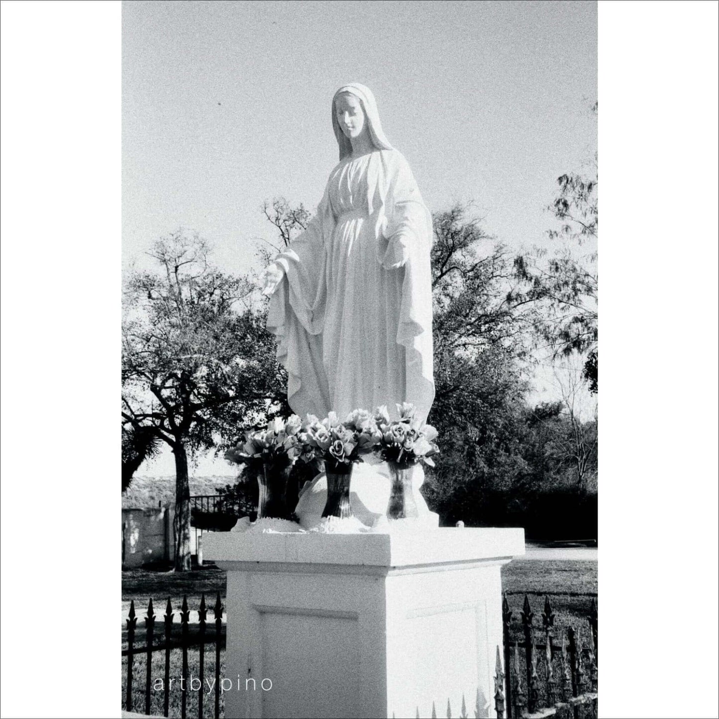 Black and white image of a white statue of the Virgin Mary surrounded by flowers in a serene outdoor setting.