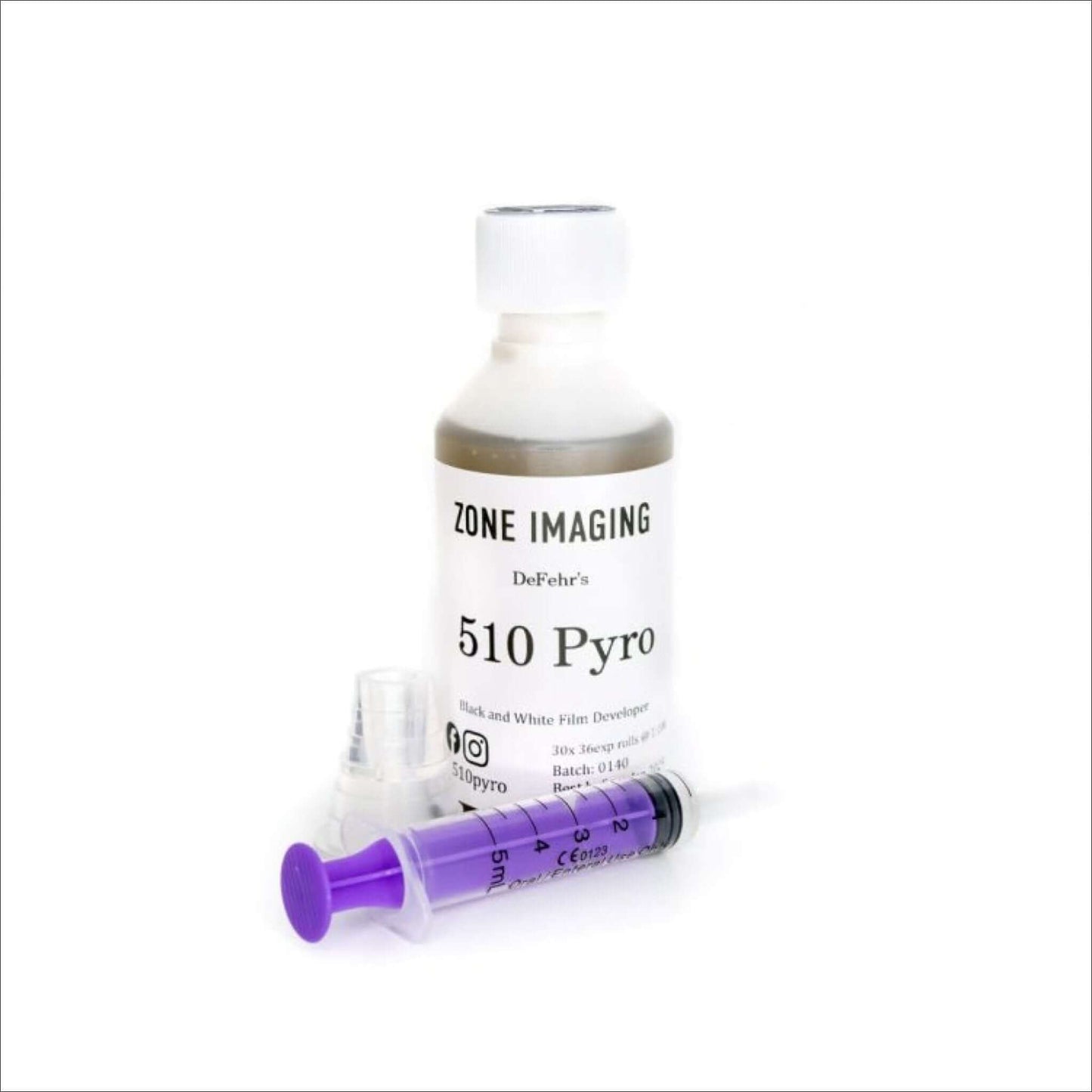 Zone Imaging 510 Pyro film developer bottle with syringe for black-and-white film processing.